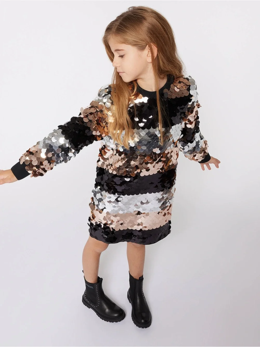 Sonia Rykiel Paris Sequin Striped Dress in Black, Silver & Rose Gold - Size 8